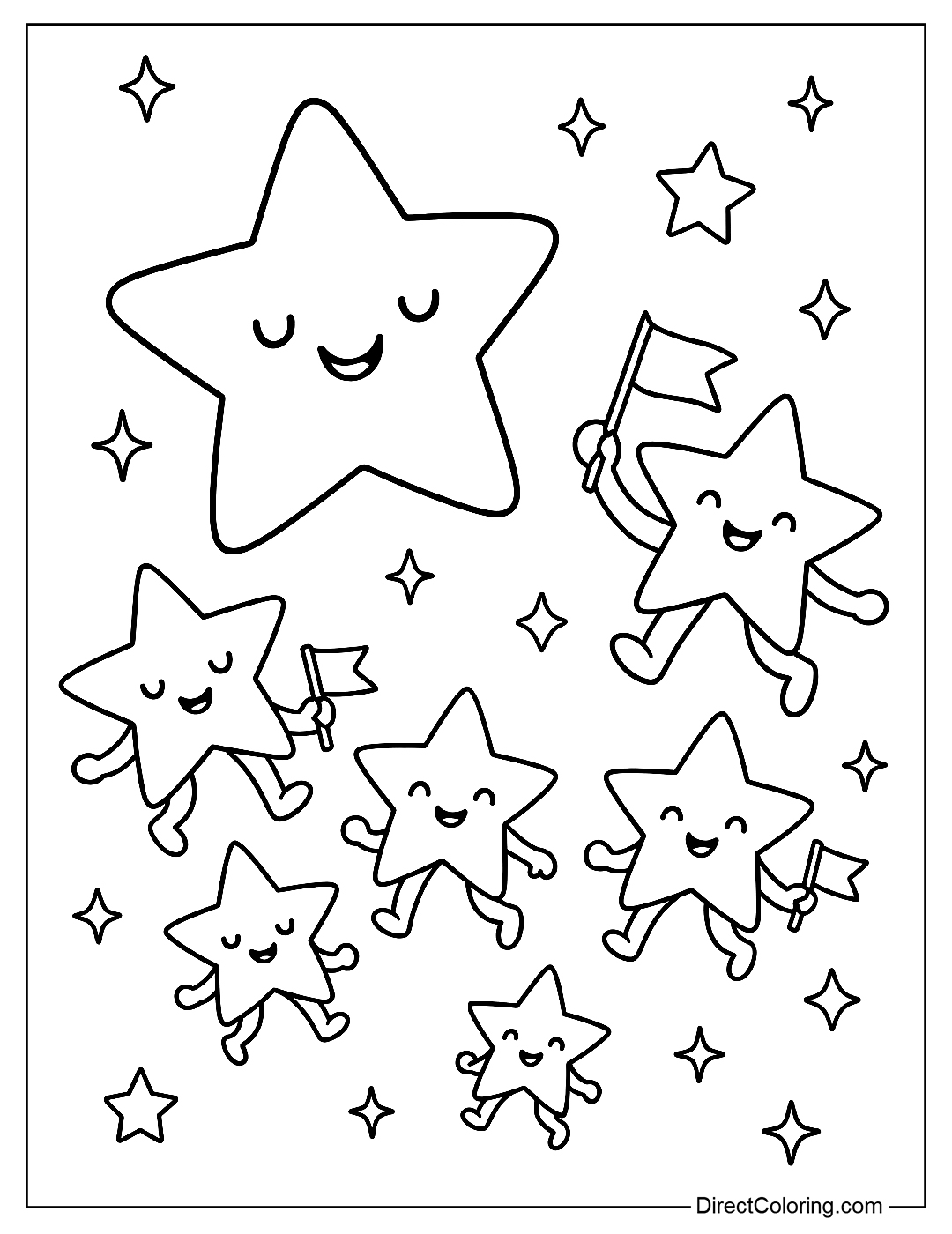 A fun parade coloring page with colorful big and small stars